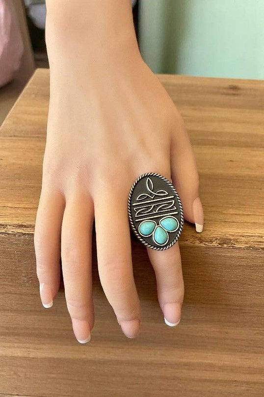 WESTERN BOOT STITCH TQ GEM ACCENT OVAL CUFF RING