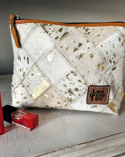 Checkered Western Cowhide Makeup Bag Travel