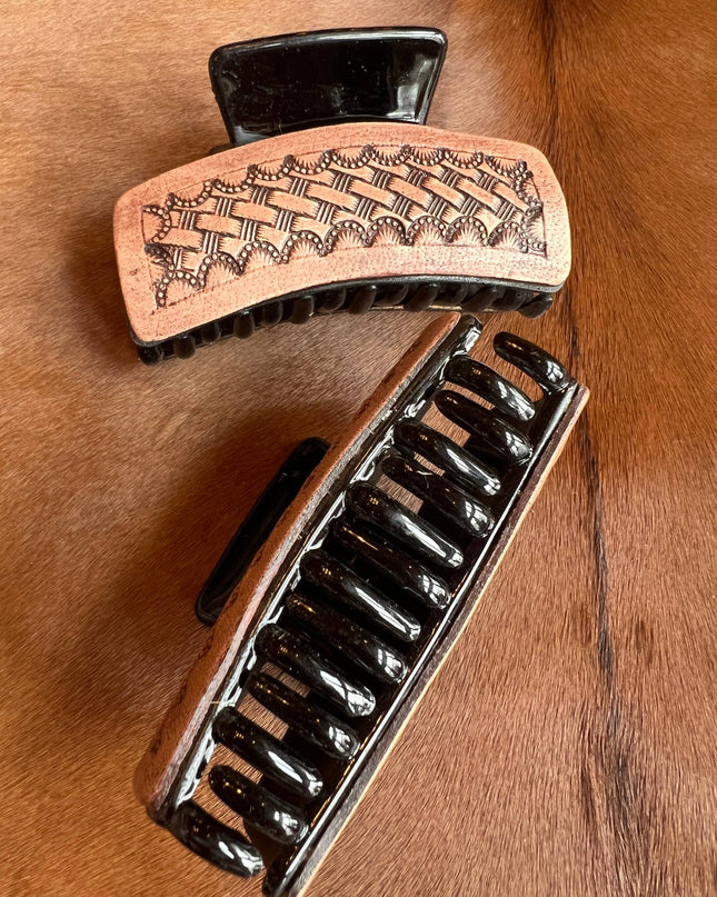 Basket Stamped Tooled Leather Claw Clip Hair Clip
