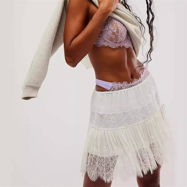 High Waist Lace Mini Skirt With Irregular Hem In Solid Color