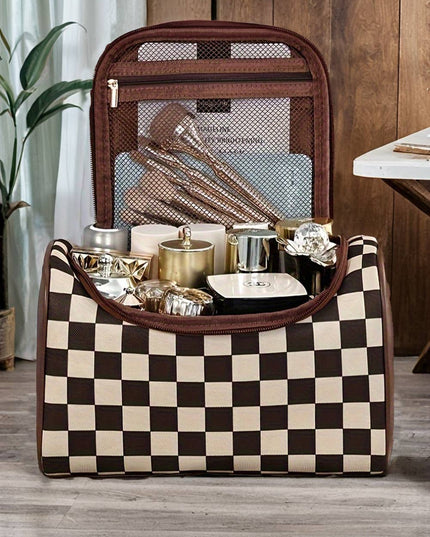 Checkered PU Leather Zipper Makeup Bag 9.6"*6.1"*6.1"