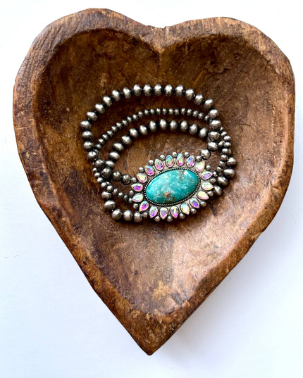 3 Layered Navajo Pearl Stretch Bracelet w/ Turquoise Stone