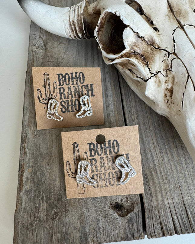 Western cut out paved Stud earrings - cowboy boots hat bow 