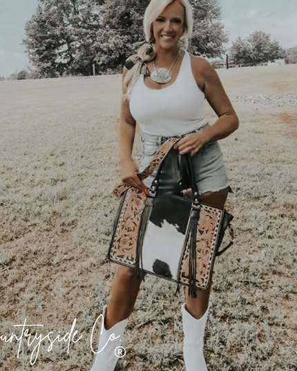 Panhandle Tooled Leather Cowhide Tote, Computer Bag, Purse