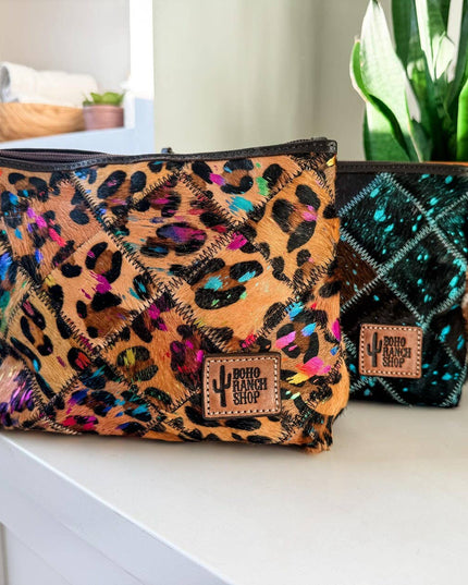 Checkered Western Cowhide Makeup Bag Travel