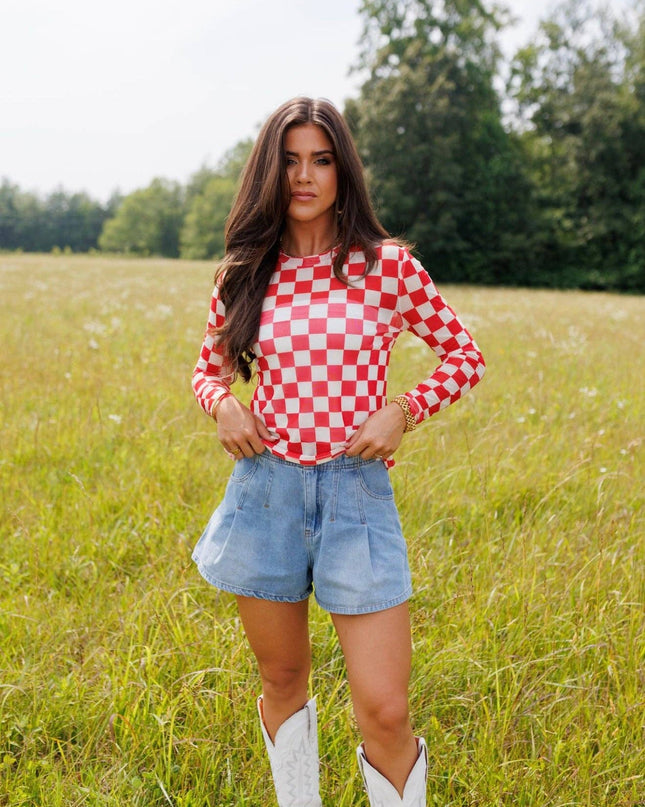 Red Checkerboard Mesh Top