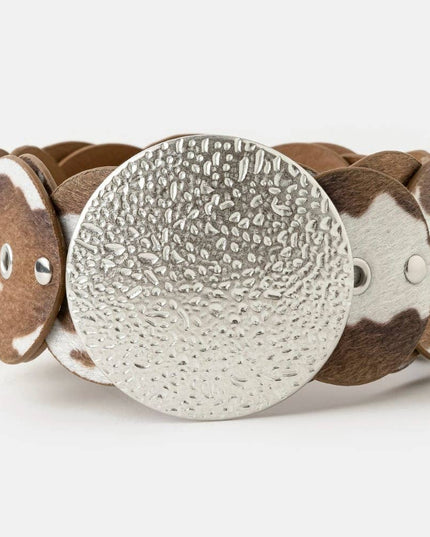 Western Inspired Cowhide Large Round Buckle Vegan Leather Belt