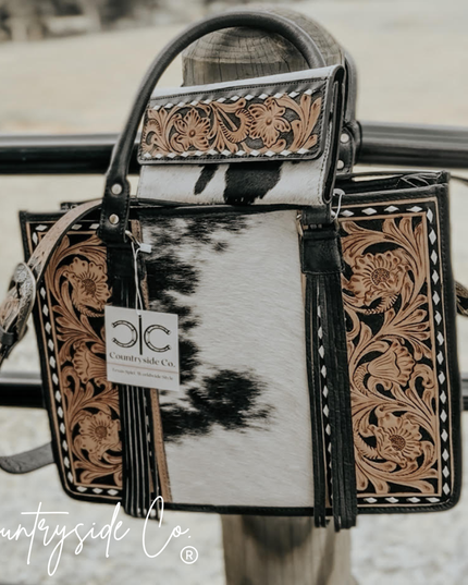 Panhandle Tooled Leather Cowhide Tote, Computer Bag, Purse