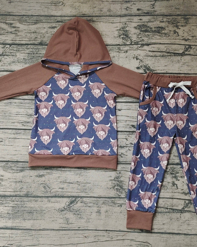 Baby Boys Long Sleeve Hooded Highland Cow Tops Pants Clothes