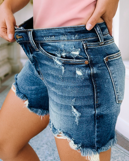 LDC Asymmetric Raw Hem Distressed Whiskery Denim Shorts