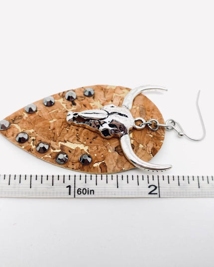 Western Style Metal Bull Head Pendant Leather Earrings
