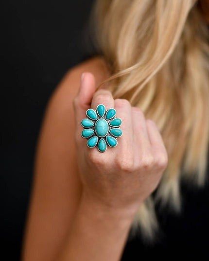 Adjustable Turquoise Flower Cluster Ring