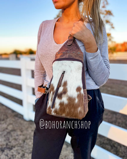 Western Cowhide Leather Sling Bag - travel bag chest bag