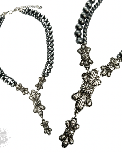 Western style pearl necklace with butterfly concho pendant