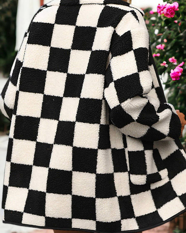 Fuzzy Plaid Pattern Button Down Coat