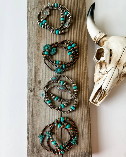 3 Layer Navajo Pearl & Stone Stackable Stretch Bracelet