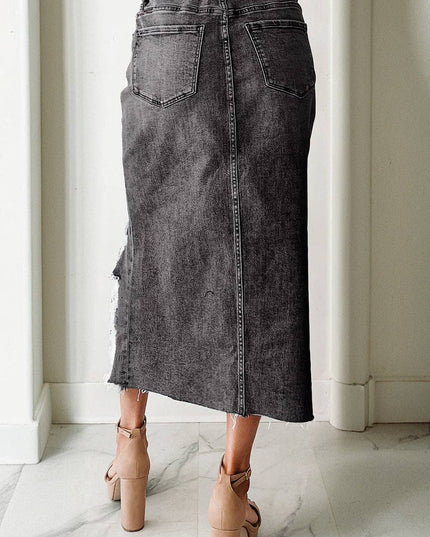 LALALOO Denim Distressed Midi Skirt