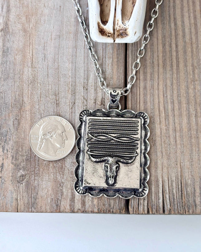Western Style Steerhead Rectangle Pendant Necklace