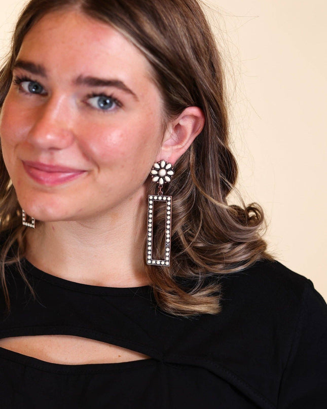 Ace-High Stoned Rectangle Earrings with Flower Stud, Cream