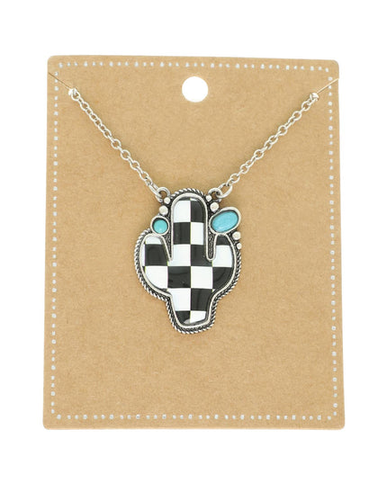 Western Checkerboard Cactus Pendant Necklace