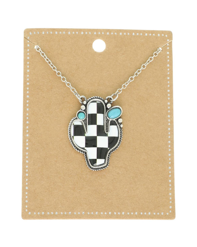 Western Checkerboard Cactus Pendant Necklace