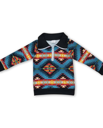 Long sleeves kids boys zipper aztec western pullover