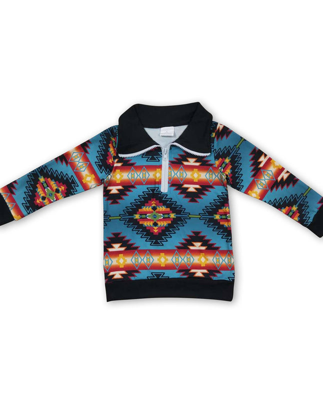 Long sleeves kids boys zipper aztec western pullover