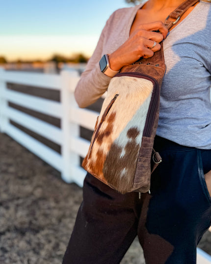 Western Cowhide Leather Sling Bag - travel bag chest bag