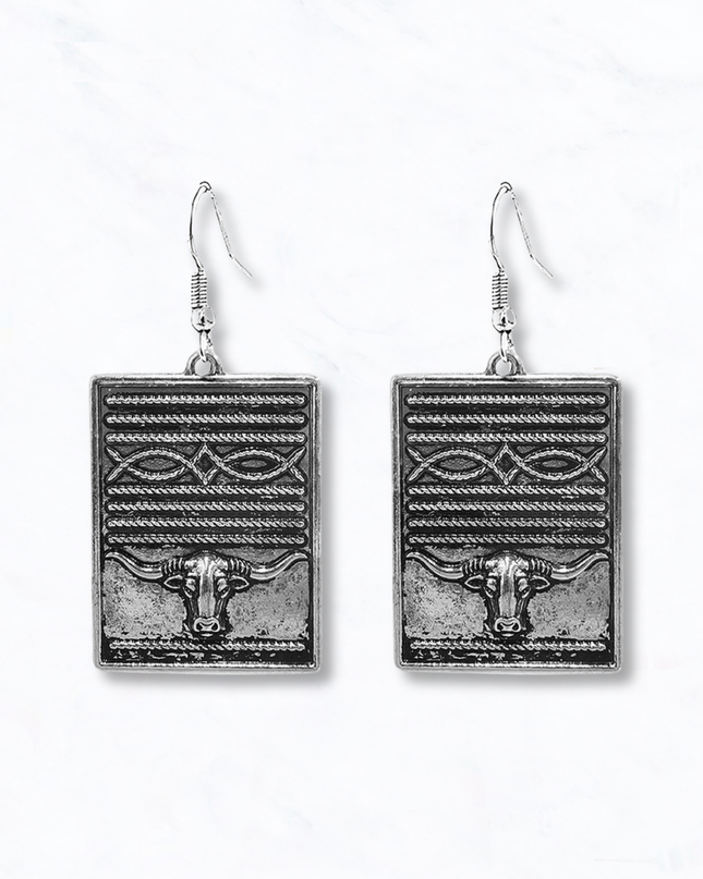 Western Steer Head Square Drop Earrings