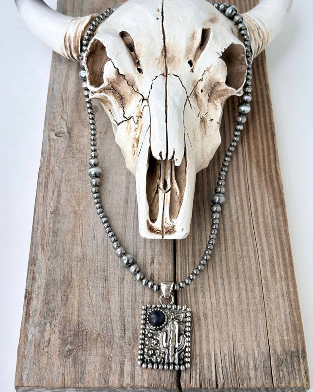 Western Cactus Turquoise Stone Navajo Pearl Pendant Necklace