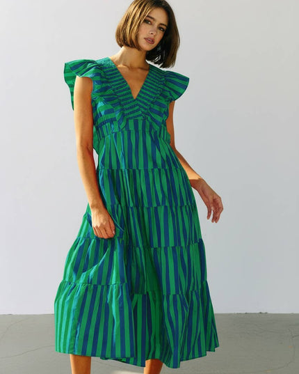 ID4508 Striped Ruffle-Sleeve Tiered Cotton Midi Dress