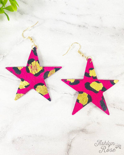 Shine bright, fuchsia star cowhide earring