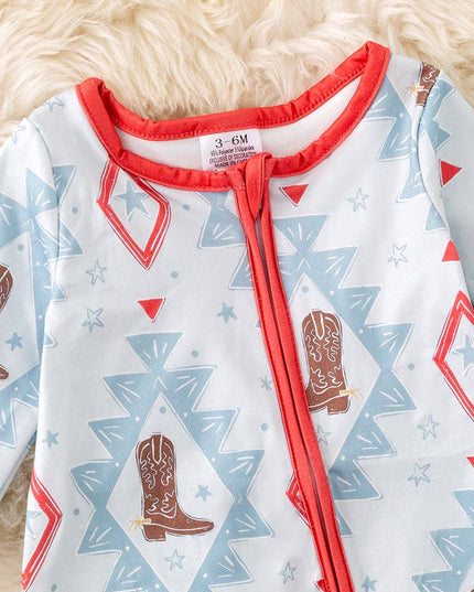 Aztec & cowboy boot printed baby onesie. RPB50758 jean