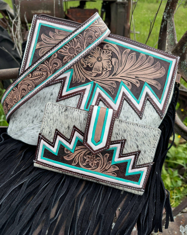 Genuine Western Cowhide Leather Purse and Wallet with jagged painted details and black fringe.