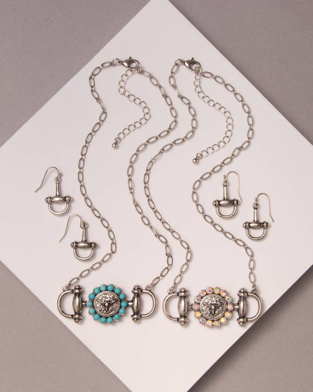 Western Horsebit Steerhead Stone Necklace and Earring Set