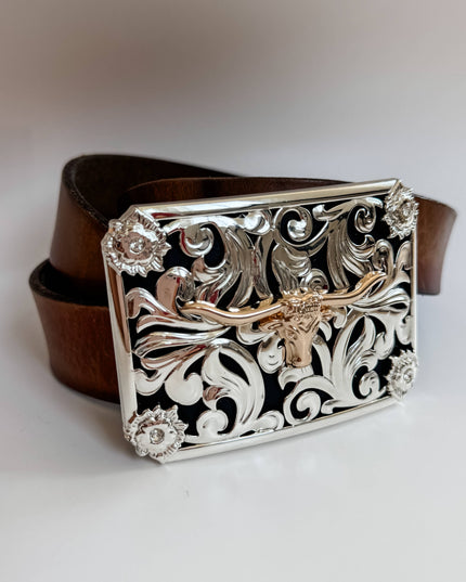Western Longhorn Steer Metal Belt Buckle