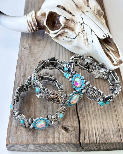 Western Style Turquoise Stone Rhinestone Stretch Bracelet
