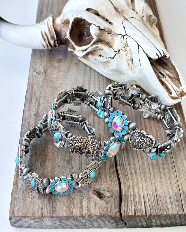 Western Style Turquoise Stone Rhinestone Stretch Bracelet