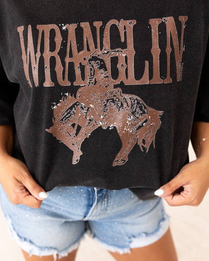 Wranglin' on Black Tee