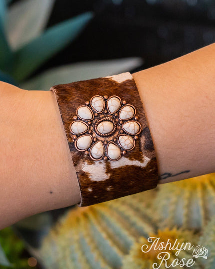 Country Coffee Date Brown Cow Suede Cuff Button Bracelet With A White Flower Stone