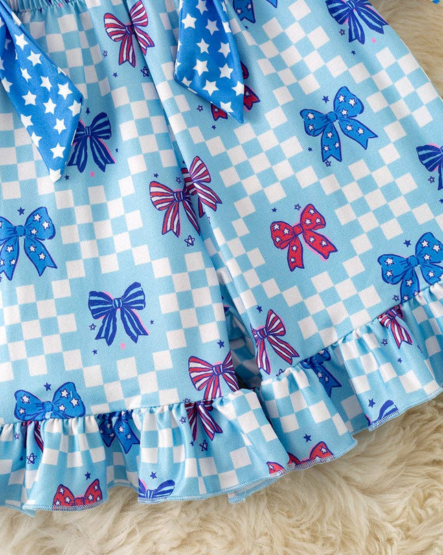 Patriotic bow printed jumpsuit with checker.