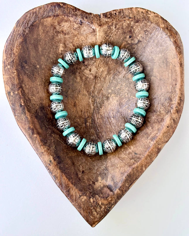 Western Style Turquoise Stone Beaded Stretch Bracelet