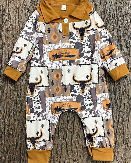 Golden brown western printed romper with patches. LR0425-8-AMY