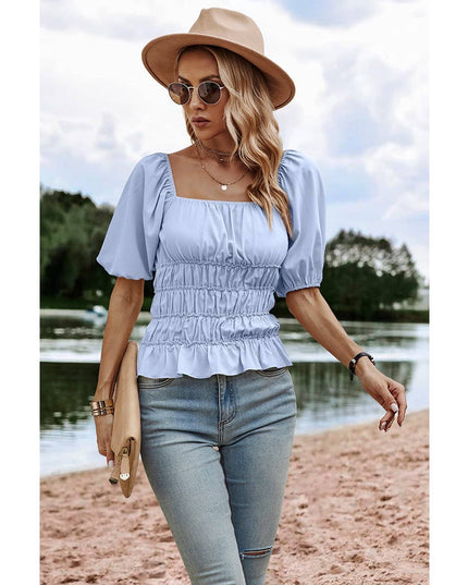 Solid Square Neck Shirred Flounce Sleeve Peplum Blouse