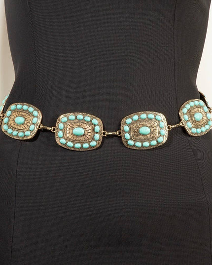 Western Turquoise Round Studded Rectangle Concho Chain Belt