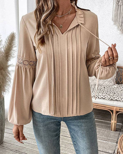 Long Sleeves Loose Pleated Solid Color Split-Joint V-Neck Blouses&Shirts Tops