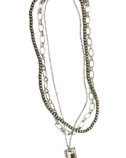Silver Multi Layered Necklace with Rhinestone Bar Pendant
