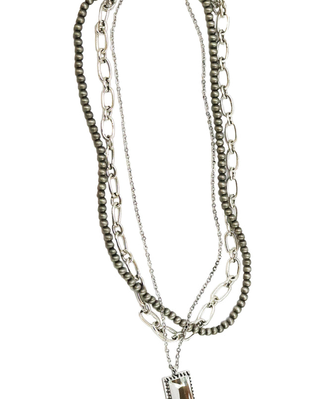 Silver Multi Layered Necklace with Rhinestone Bar Pendant