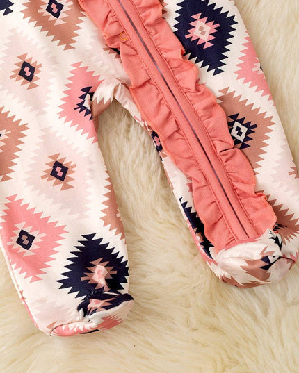 Pink aztec printed baby bodysuit w ruffle trim. RPG53246 SOL