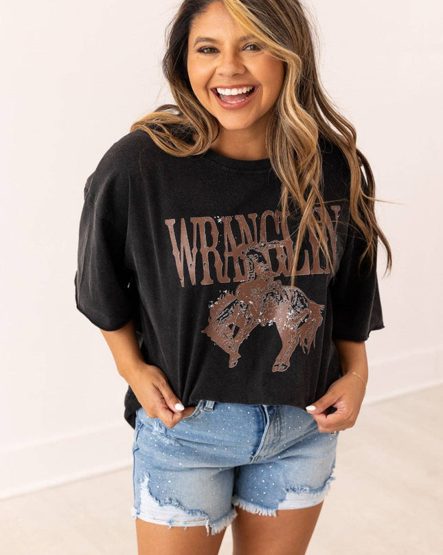 Wranglin' on Black Tee